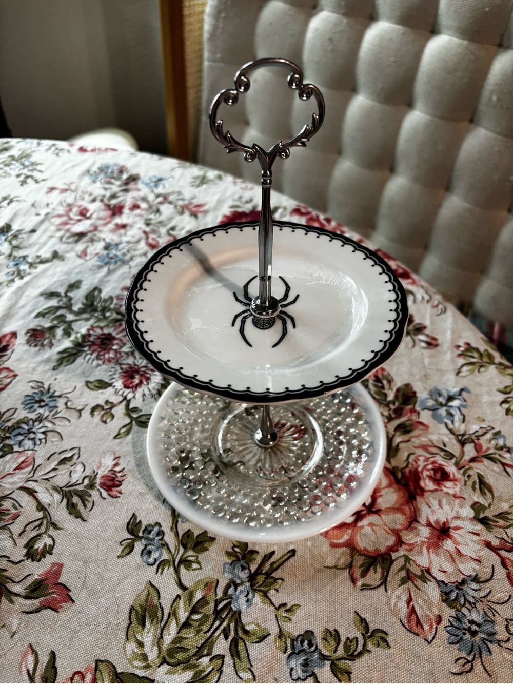 Two-Tier White and Silver Dessert Stand with Black Spider Accent